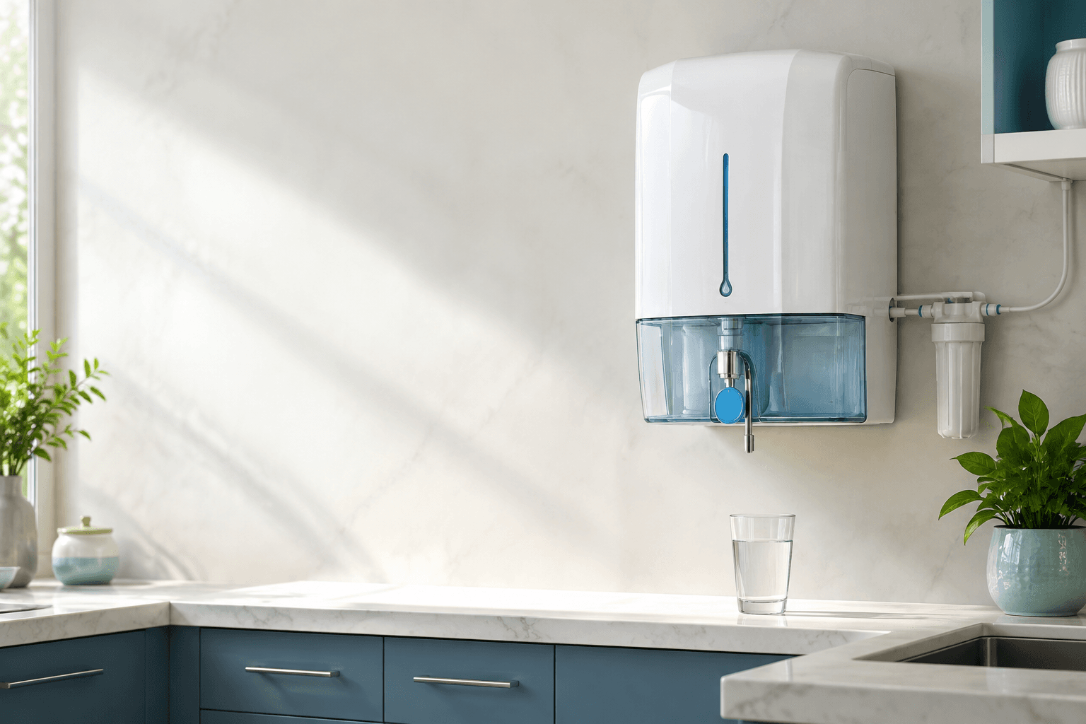 Modern domestic RO water purifier installed in a clean kitchen